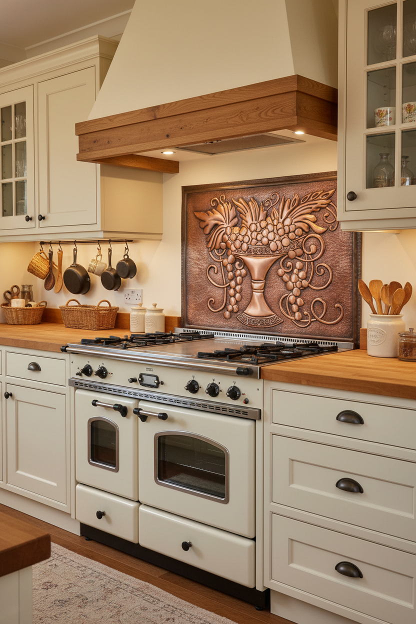 Oversized 60 inch vineyard grapevine copper backsplash panel installed behind vintage range in wine country farmhouse kitchen