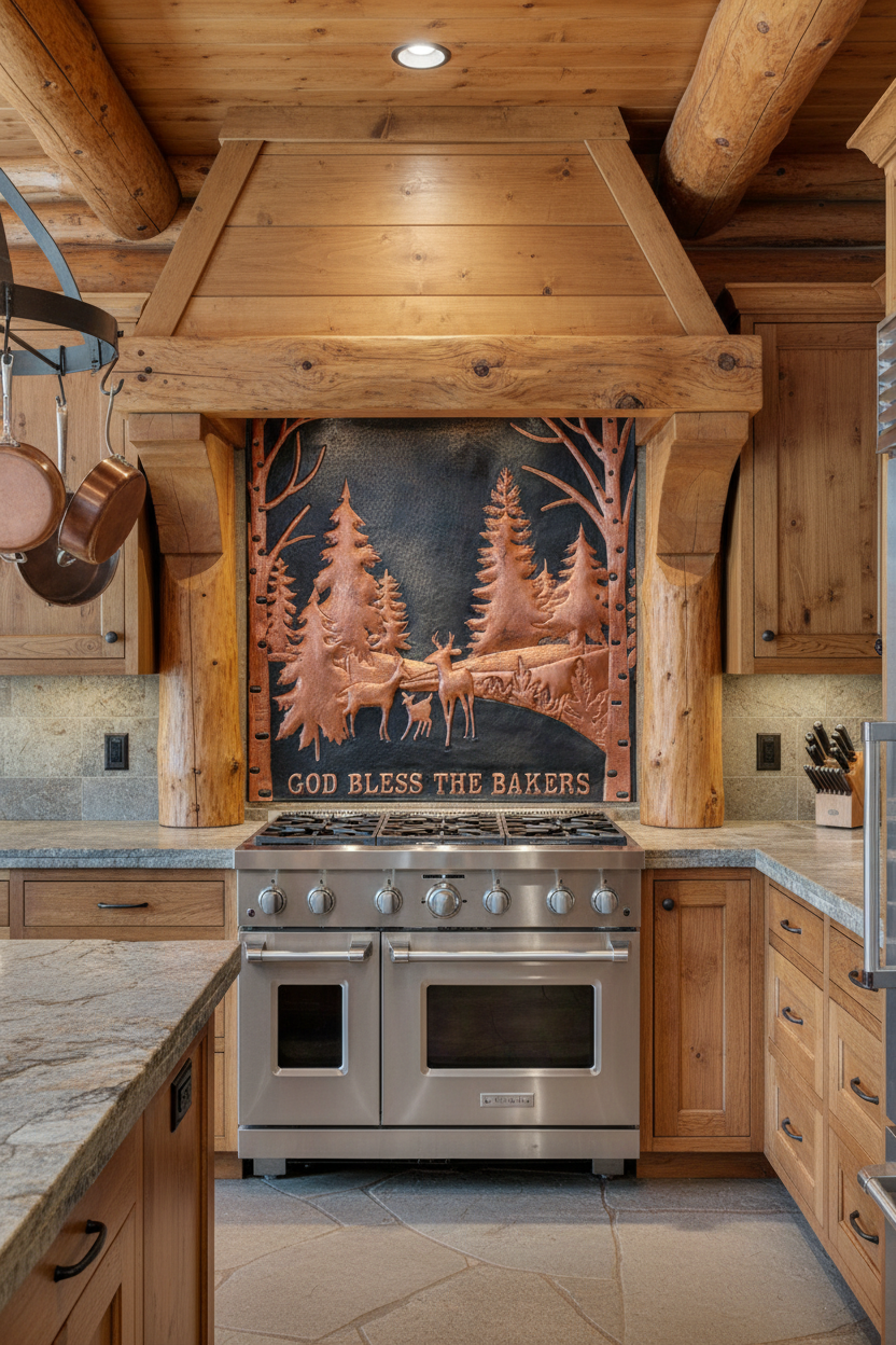 Oversized 60 inch woodland deer copper backsplash panel in mountain lodge kitchen