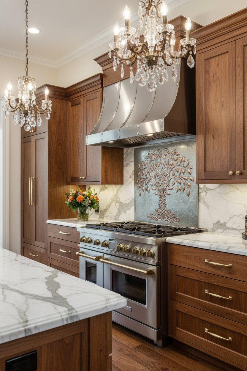 Oversized 60x48 inch Tree of Life copper backsplash panel in ultra-luxury mansion kitchen