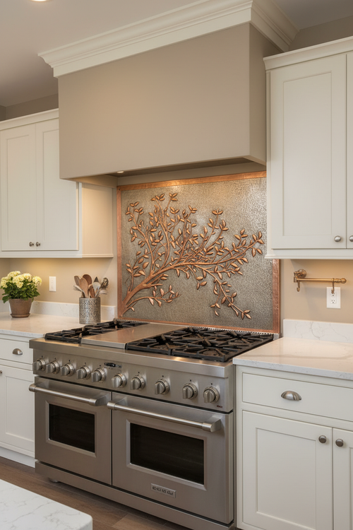 Oversized 80 inch copper backsplash panel for stove with flowering branch and decorative frame border