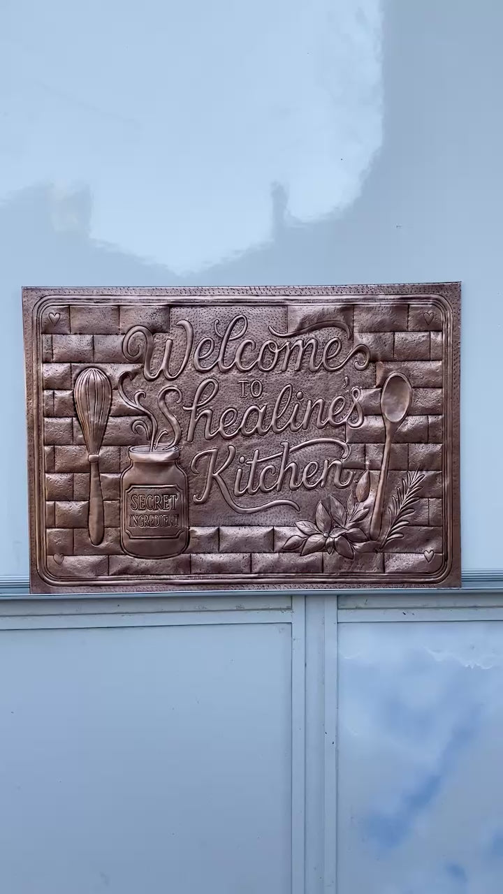 Custom Welcome Kitchen Sign Copper Backsplash Panel