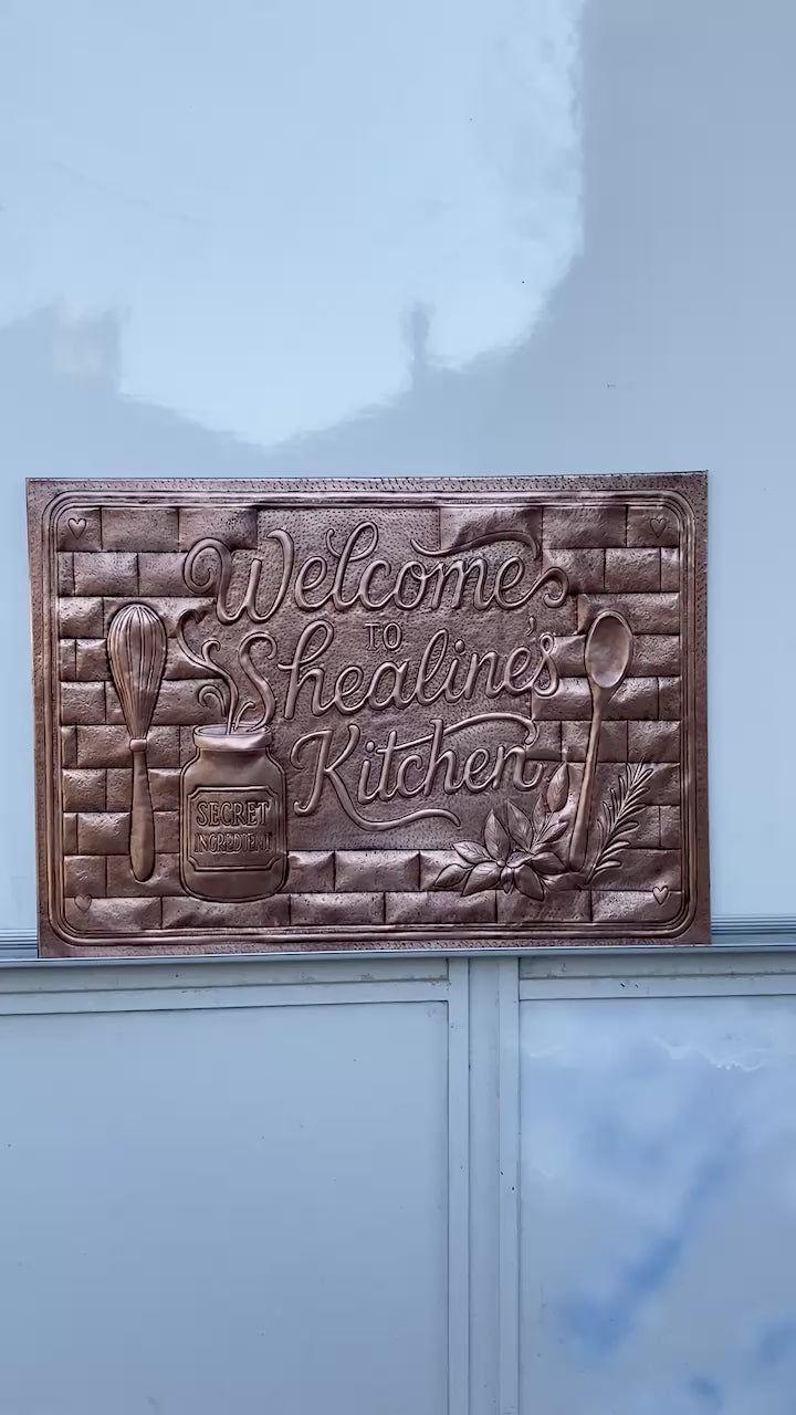 Custom Welcome Kitchen Sign Copper Backsplash Panel