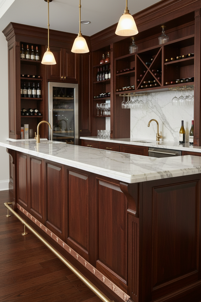 Real copper trim strip as bar accent in elegant home bar