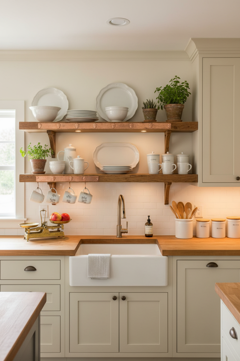 Real copper trim strip as shelf accent rail in farmhouse kitchen