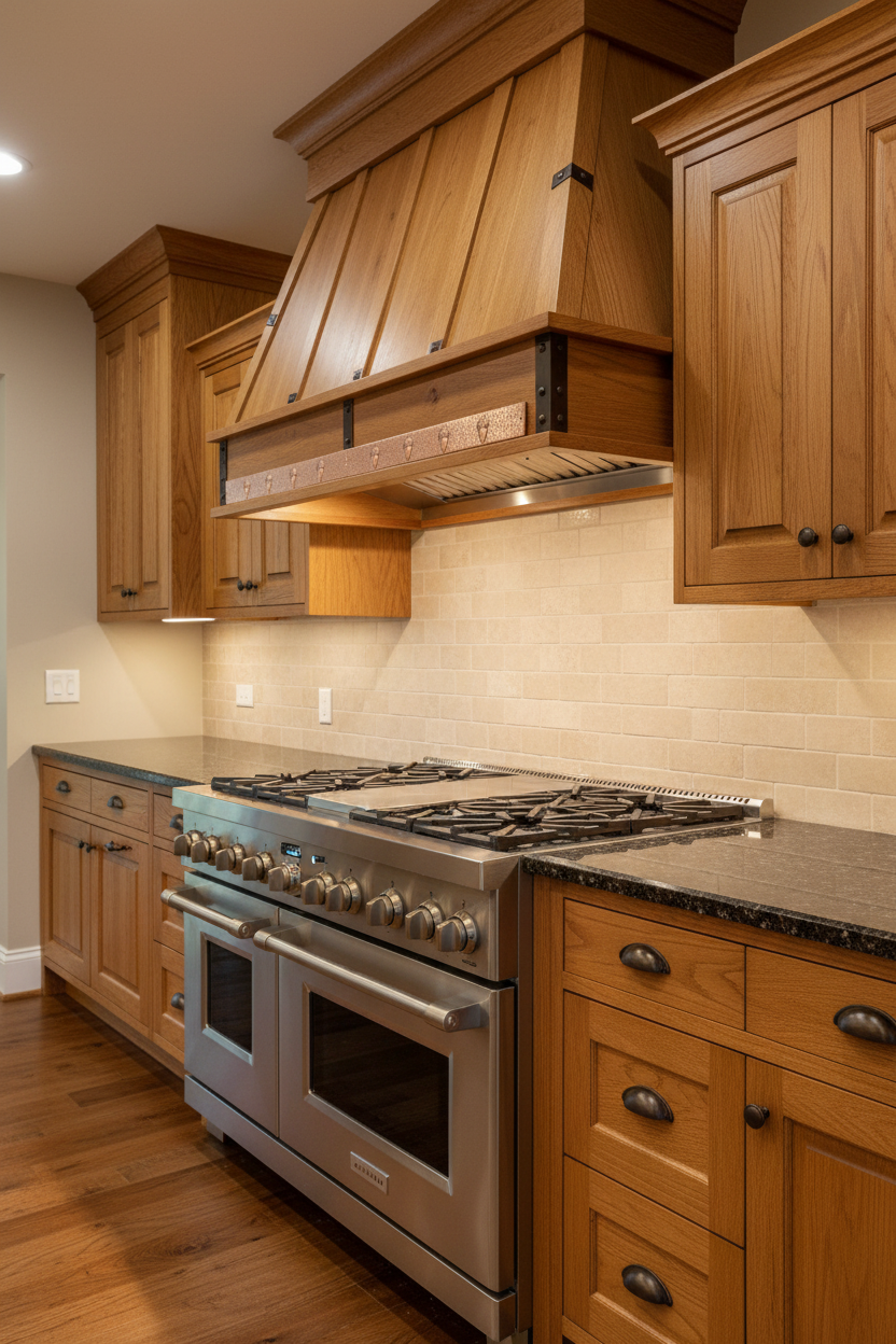 Real copper trim strip as under-hood trim in traditional kitchen