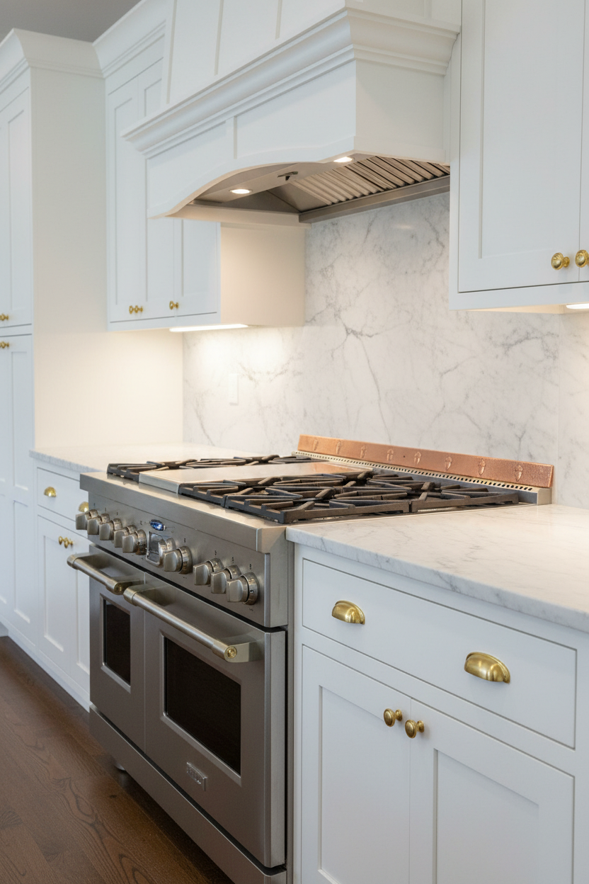 Real copper trim strip with acorn design as stove backsplash border