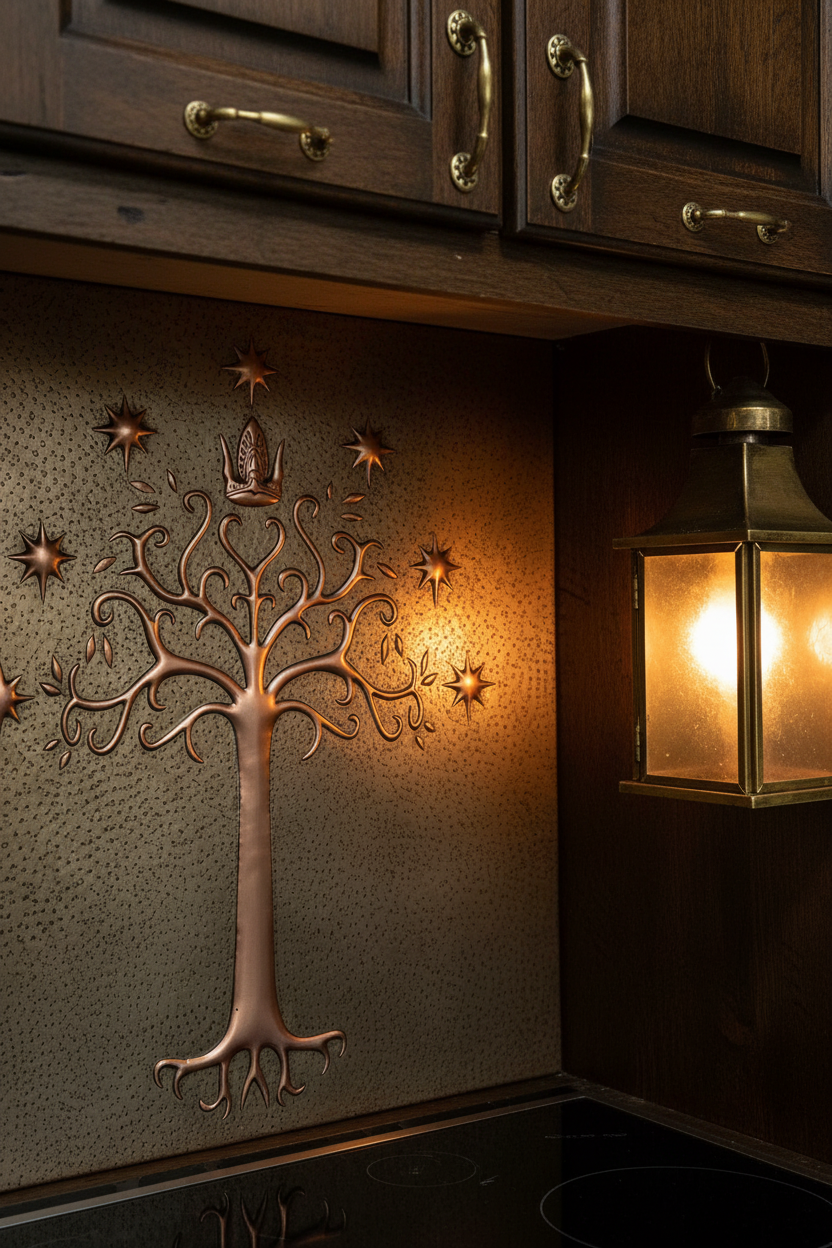 Tight close-up of White Tree of Gondor crown and stars detail in rustic fantasy kitchen
