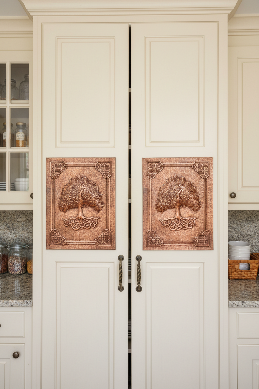 Traditional kitchen pantry with large copper cabinet door insert panels installed in double door pantry cabinet