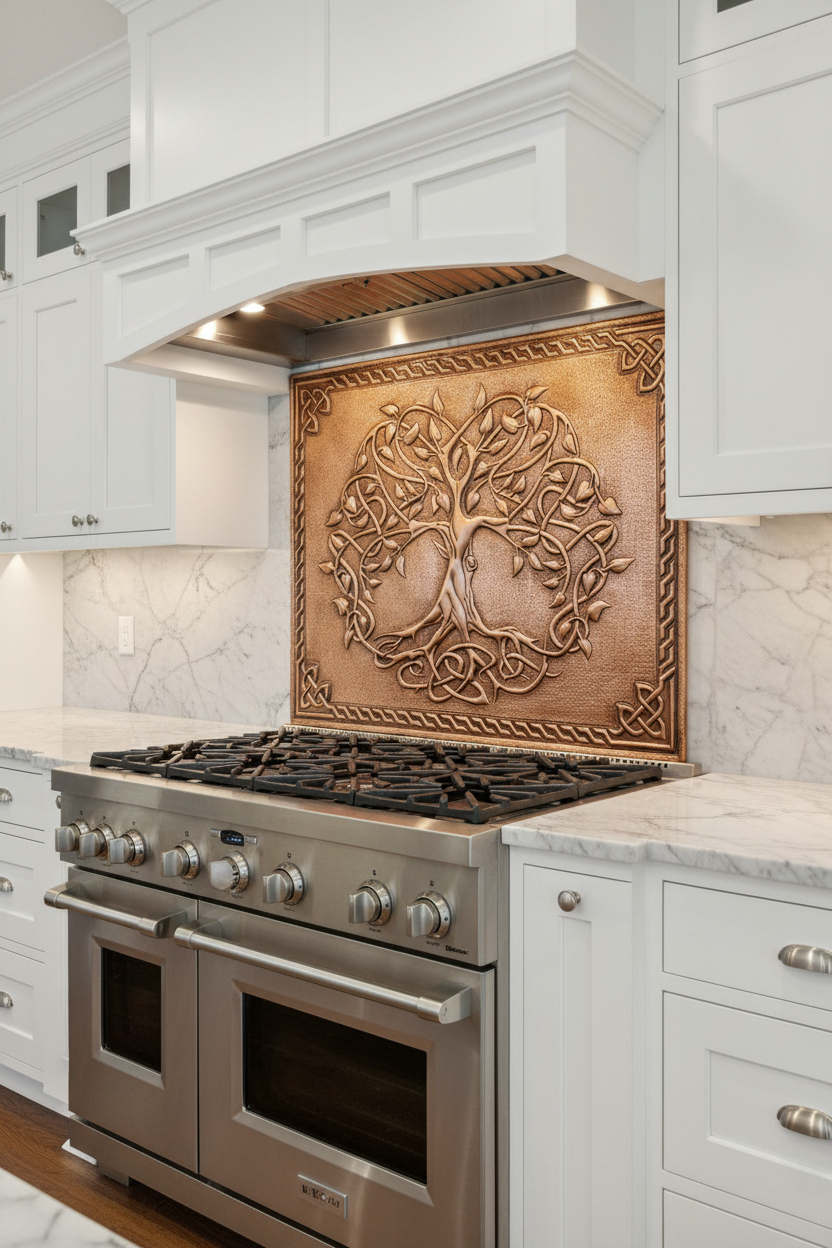 Tree of Life copper backsplash in white kitchen