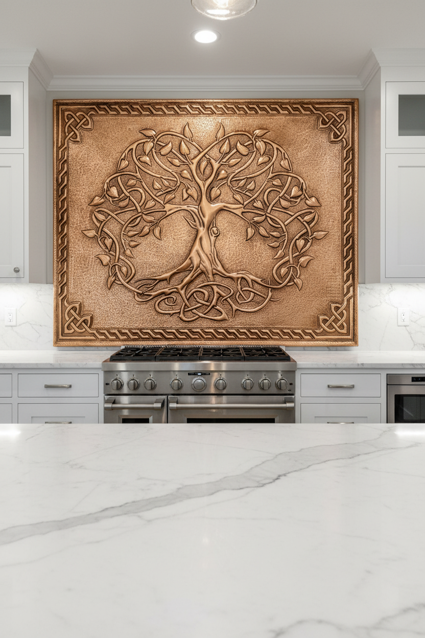 Tree of Life copper backsplash luxury kitchen