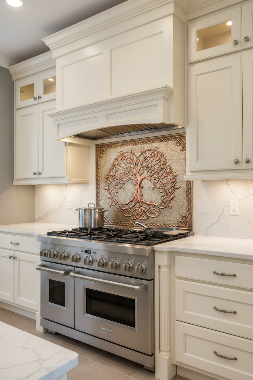 Tree of Life silver copper stove backsplash panel  in transitional kitchen