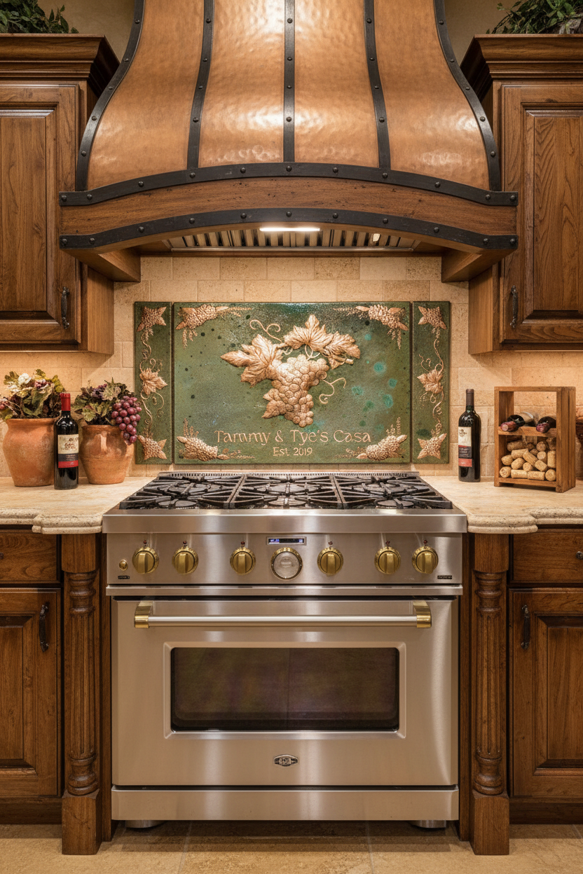 Vertical 30x48 inch Grape Vine copper relief panel in green patina as Tuscan kitchen backsplash
