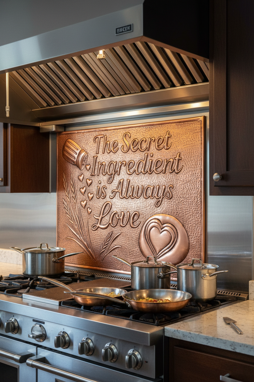 Vertical portrait close-up copper backsplash